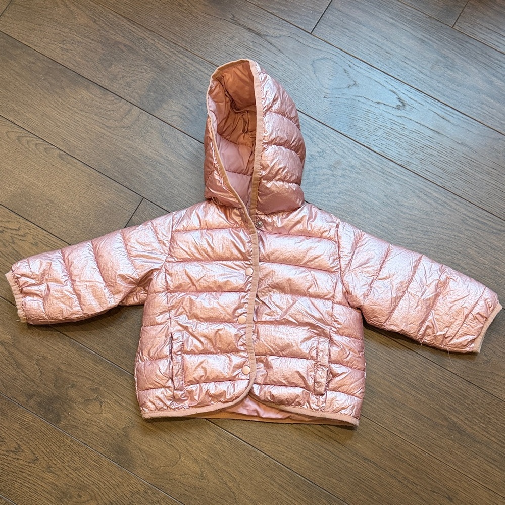 Zara Metallic Pink Hooded Puffer Jacket Size 12-18 Months C5-069